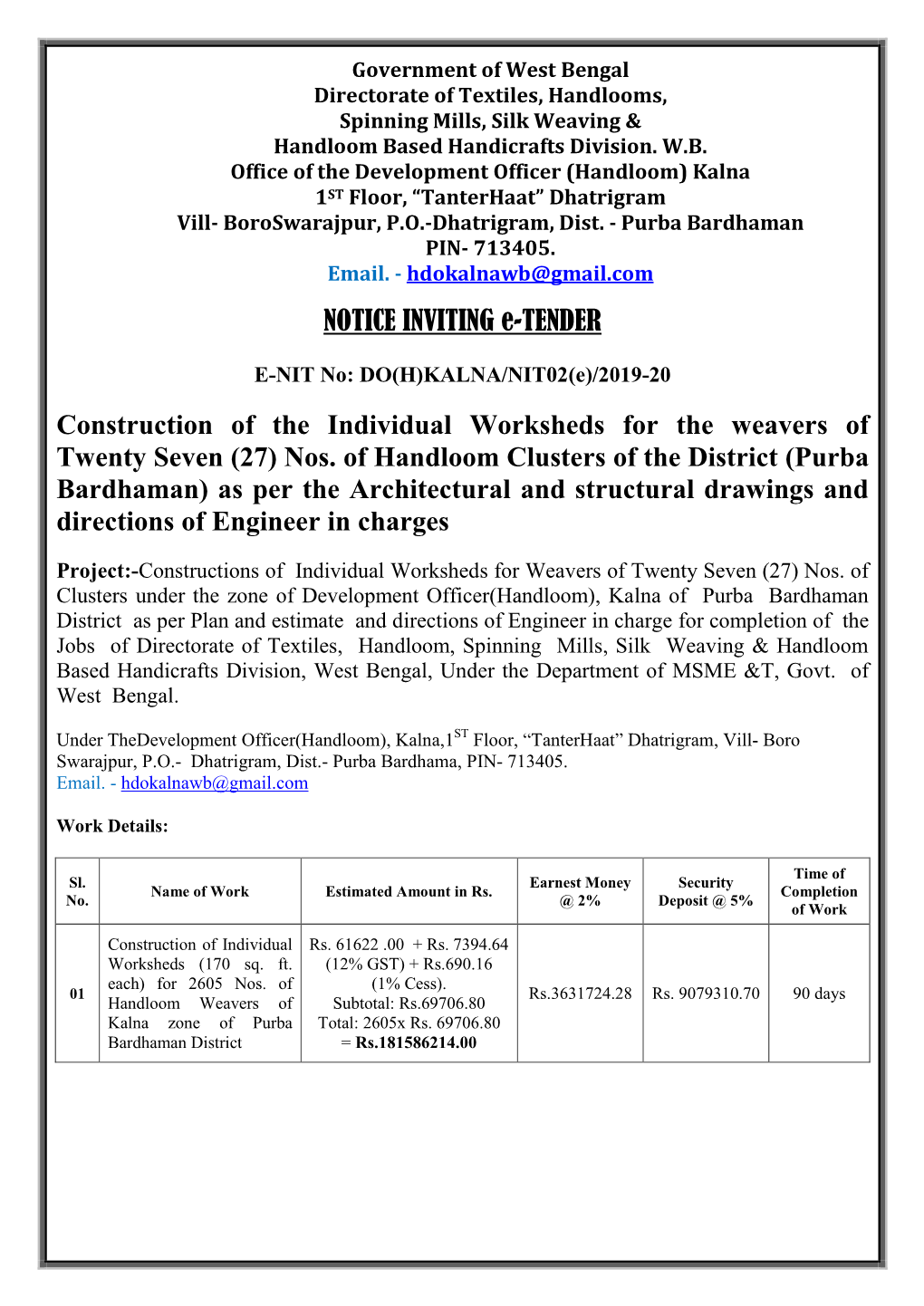 NOTICE INVITING E-TENDER Construction of the Individual