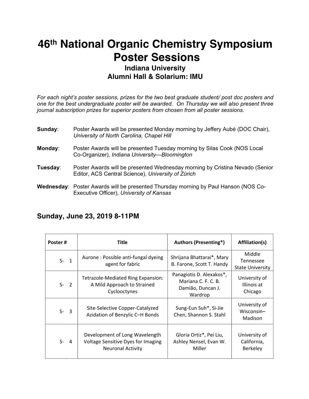 46Th National Organic Chemistry Symposium Poster Sessions Indiana University Alumni Hall & Solarium: IMU