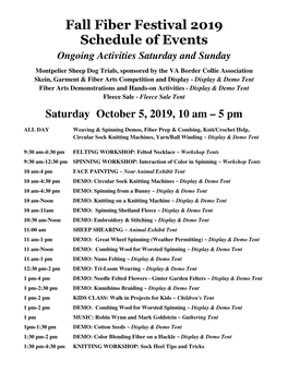 Fall Fiber Festival 2019 Schedule of Events