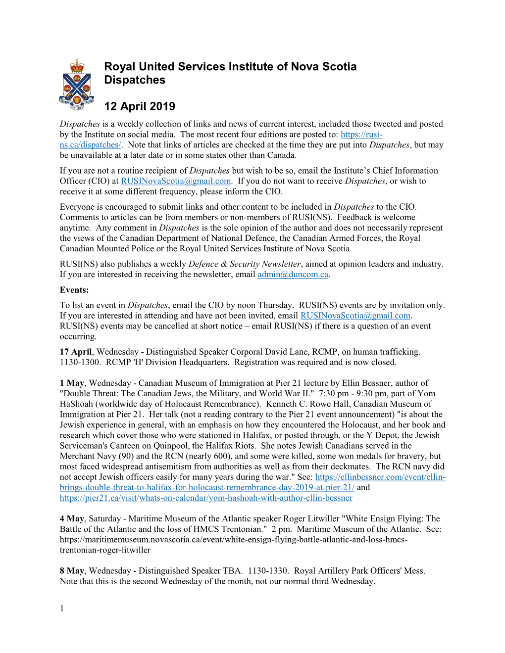 Royal United Services Institute of Nova Scotia Dispatches 12 April 2019