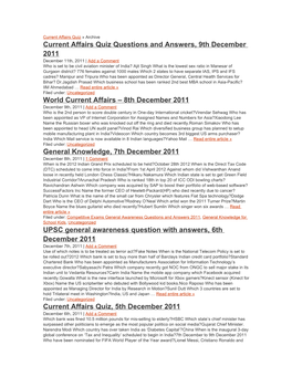 Current Affairs Quiz Questions and Answers, 9Th December
