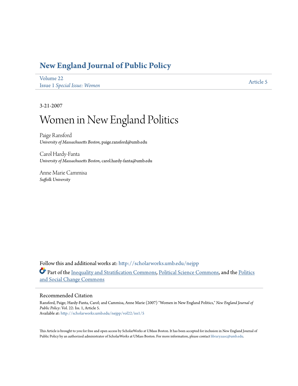 Women in New England Politics Paige Ransford University of Massachusetts Boston, Paige.Ransford@Umb.Edu