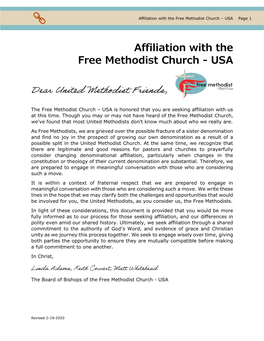 Affiliation with the Free Methodist Church – USA Page 1