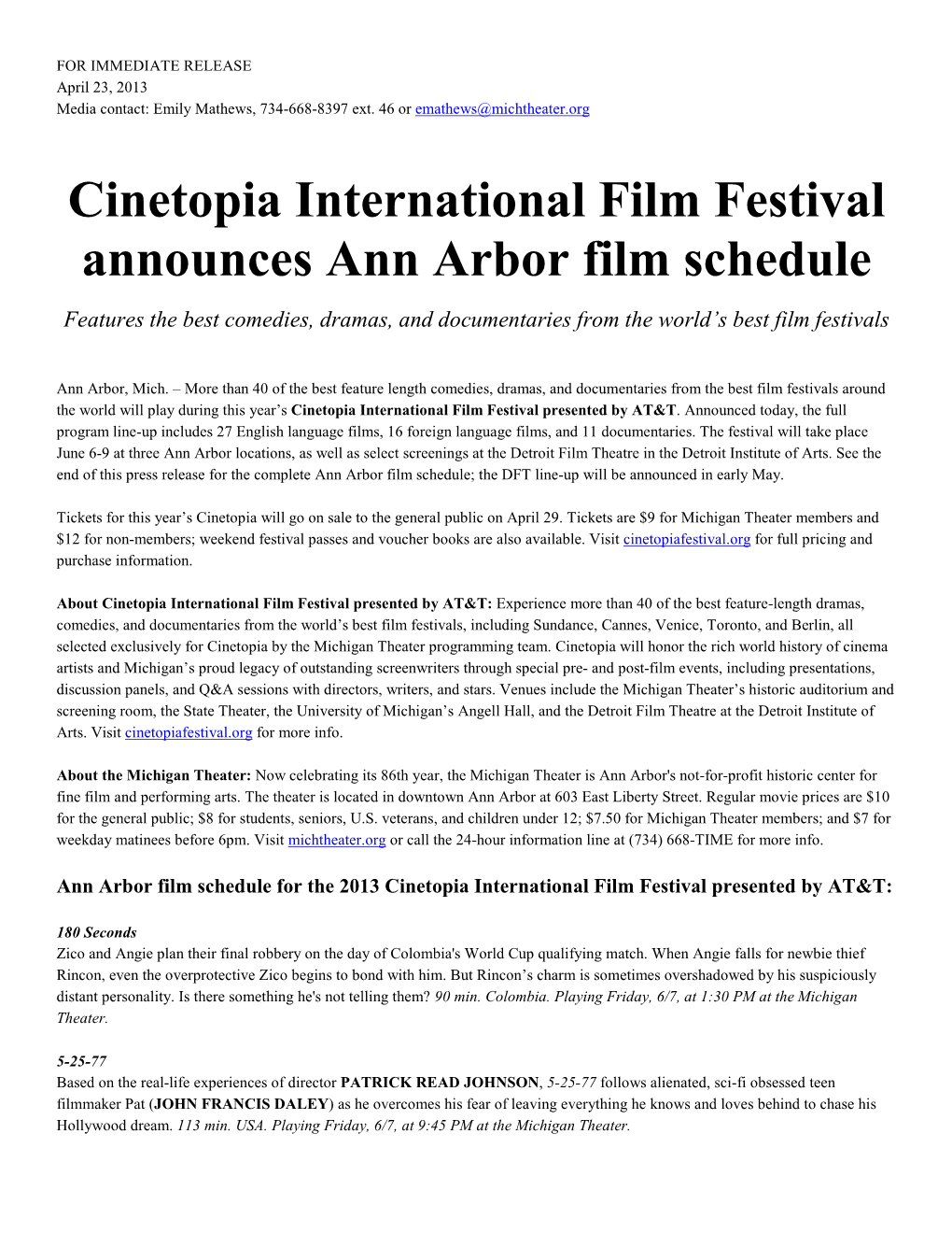 Cinetopia International Film Festival Announces Ann Arbor Film Schedule