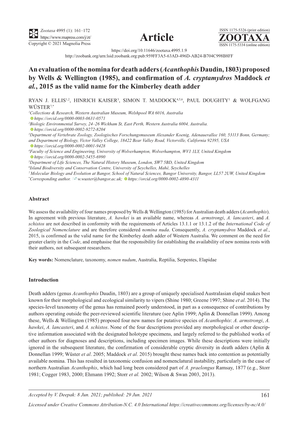 An Evaluation of the Nomina for Death Adders (Acanthophis Daudin, 1803) Proposed by Wells & Wellington (1985), and Confirmation of A