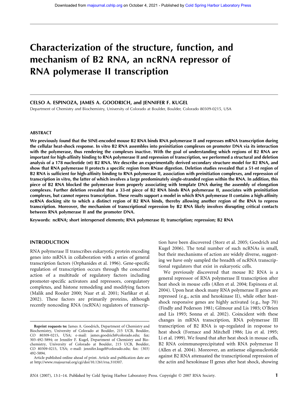 Characterization of the Structure, Function, and Mechanism of B2 RNA, an Ncrna Repressor of RNA Polymerase II Transcription