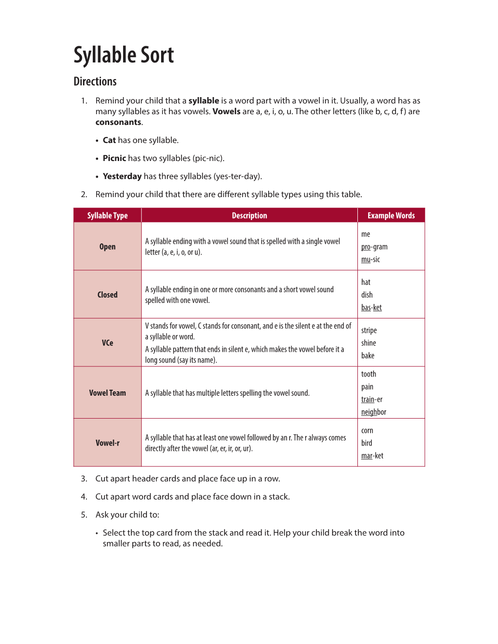 Syllable Sort Directions 1