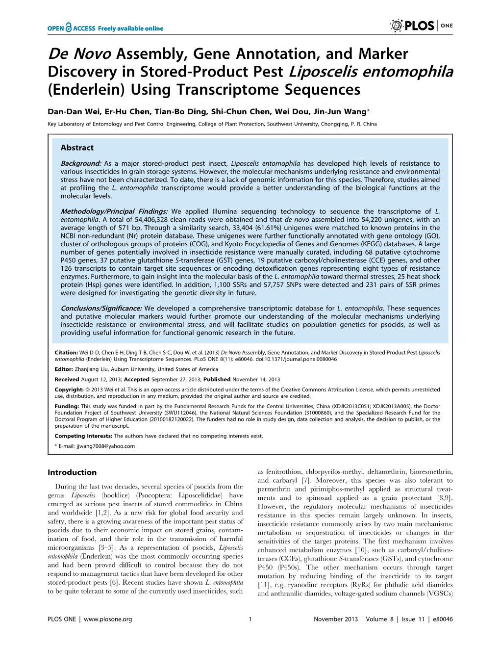 Discovery in Stored-Product Pest Liposcelis Entomophila (Enderlein) Using Transcriptome Sequences