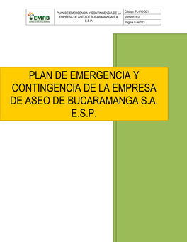 Plan De Emergencia Y Contingencia De La Empresa De Aseo De Bucaramanga S.A