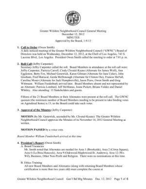 Greater Wilshire Neighborhood Council General Meeting December 12, 2012 MINUTES Approved by the Board, 1-9-13