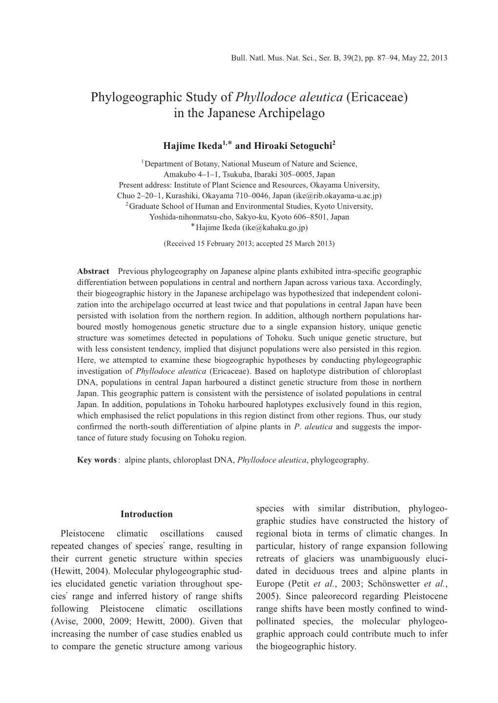 Phylogeographic Study of Phyllodoce Aleutica (Ericaceae) in the Japanese Archipelago