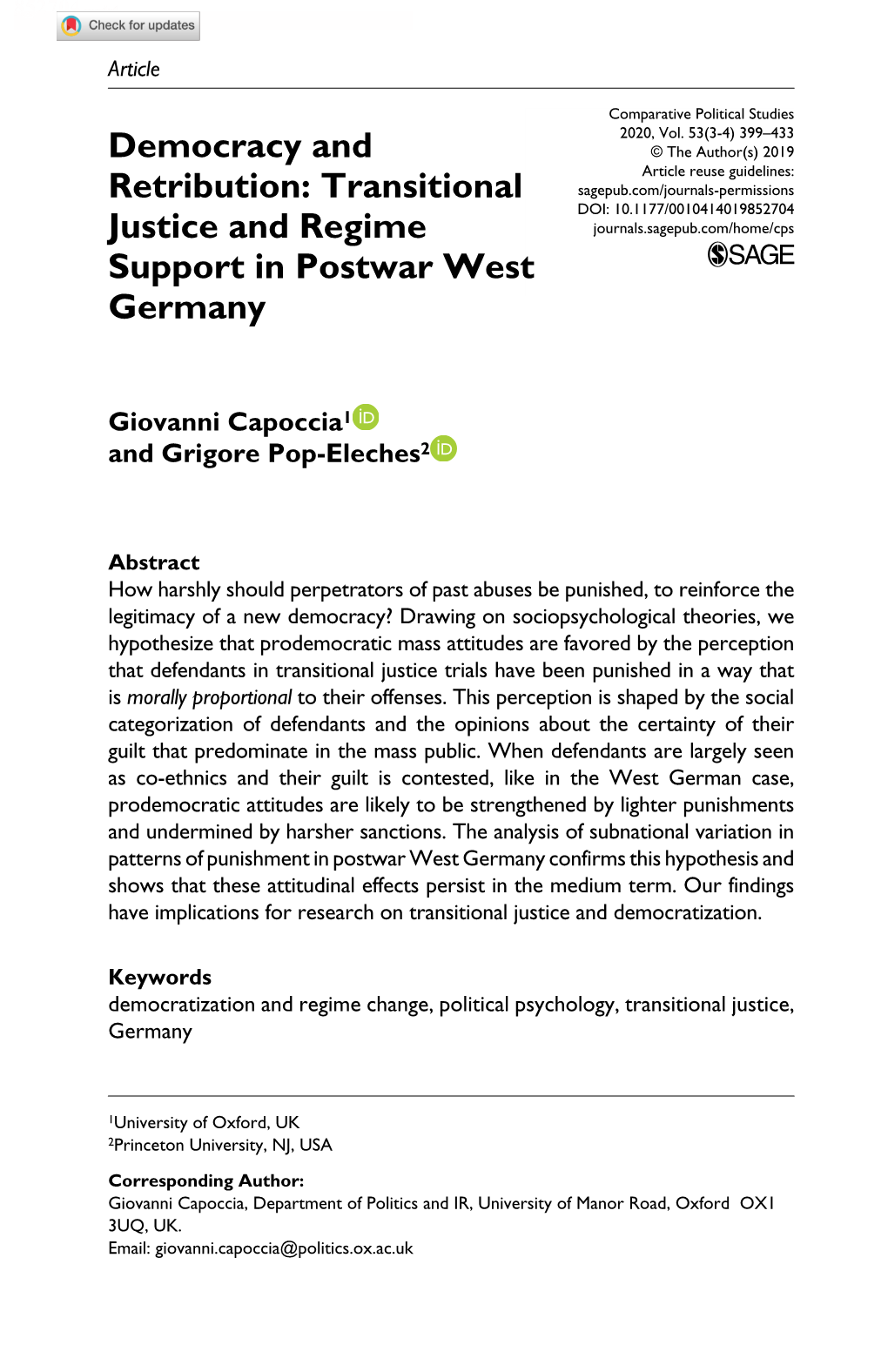 Transitional Justice and Regime Support in Postwar West Germany