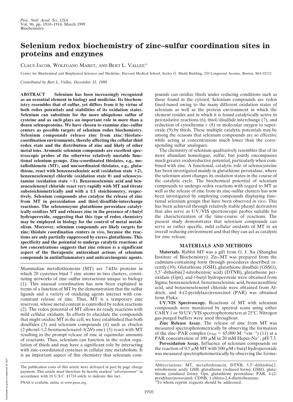 Selenium Redox Biochemistry of Zinc–Sulfur Coordination Sites in Proteins and Enzymes