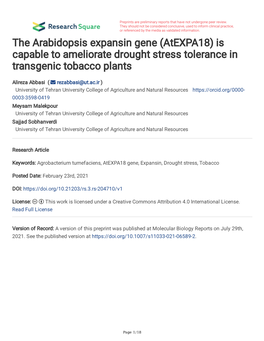 The Arabidopsis Expansin Gene (Atexpa18) Is Capable to Ameliorate Drought Stress Tolerance in Transgenic Tobacco Plants