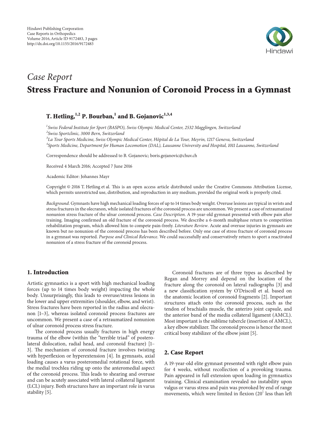 Stress Fracture and Nonunion of Coronoid Process in a Gymnast