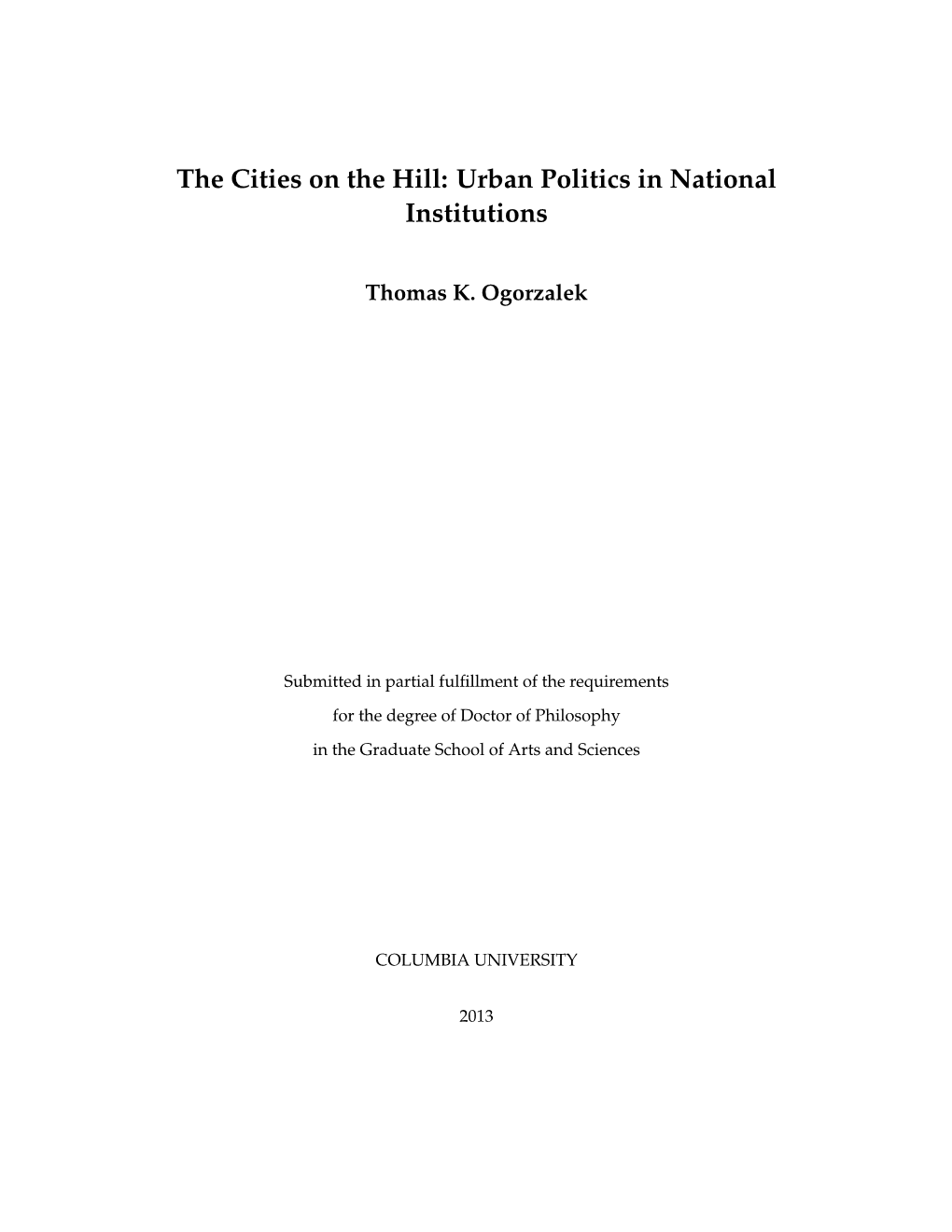 The Cities on the Hill: Urban Politics in National Institutions