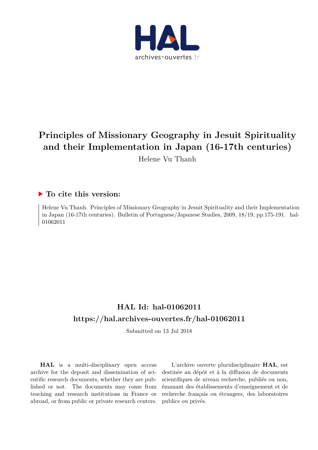 Principles of Missionary Geography in Jesuit Spirituality and Their Implementation in Japan (16-17Th Centuries) Helene Vu Thanh