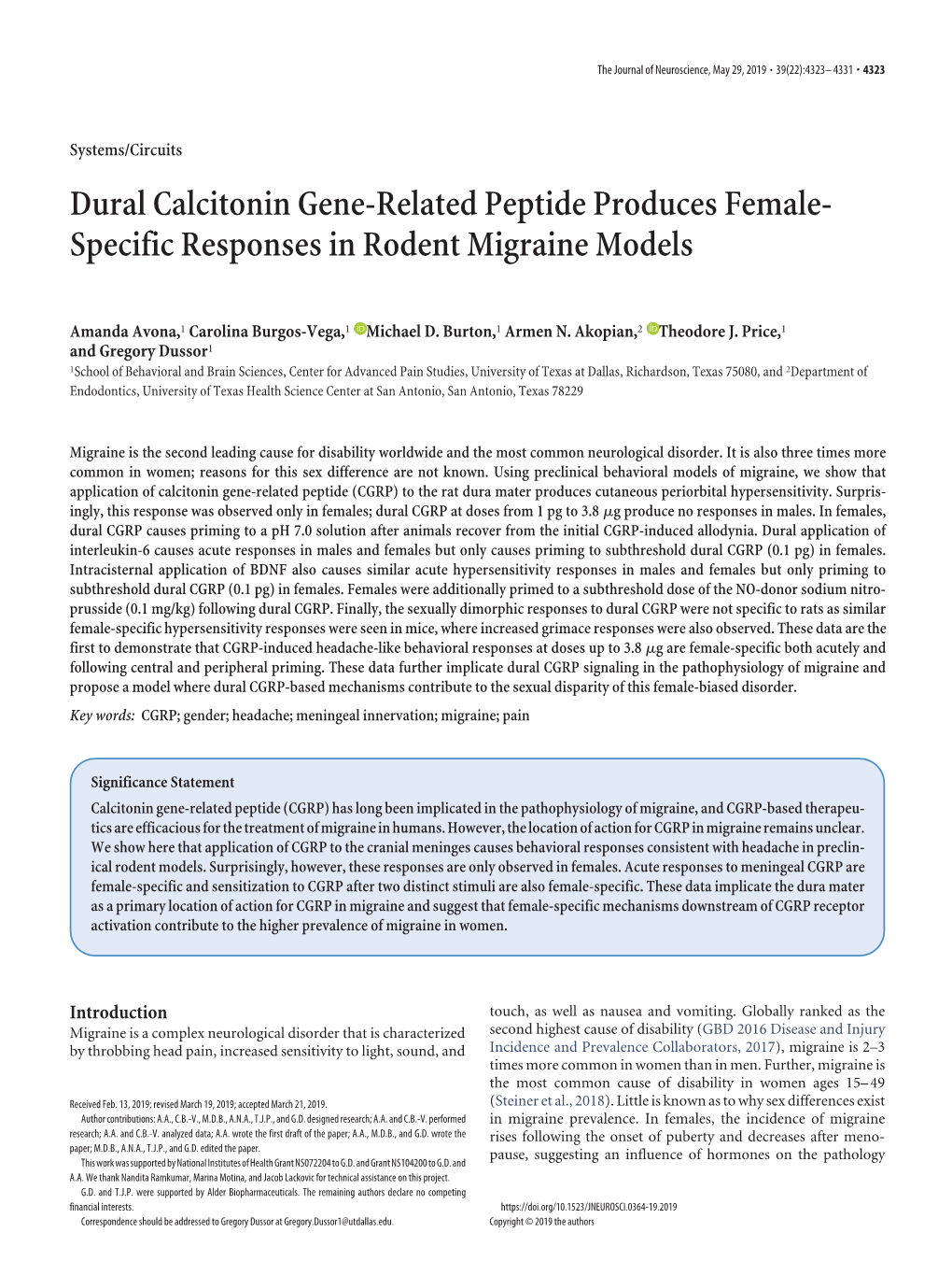 Dural Calcitonin Gene-Related Peptide Produces Female- Specific Responses in Rodent Migraine Models