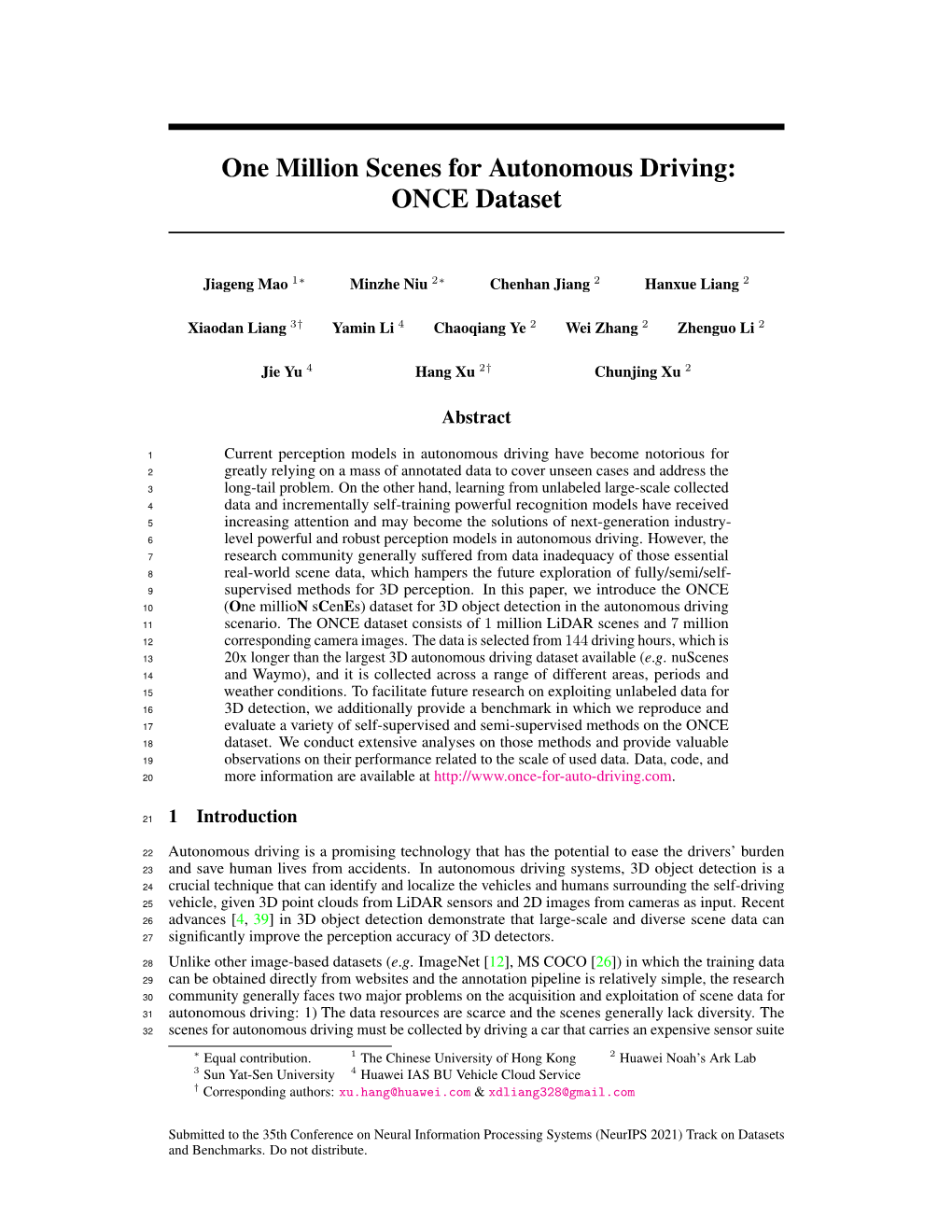 One Million Scenes for Autonomous Driving: ONCE Dataset