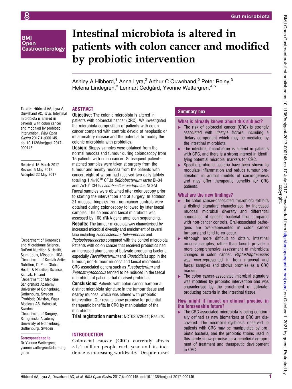 Intestinal Microbiota Is Altered in Patients with Colon Cancer and Modiﬁed by Probiotic Intervention