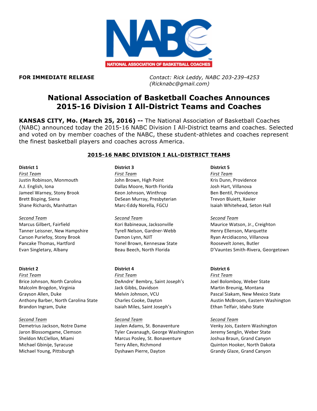 National Association of Basketball Coaches Announces 2015-16 Division I All-District Teams and Coaches