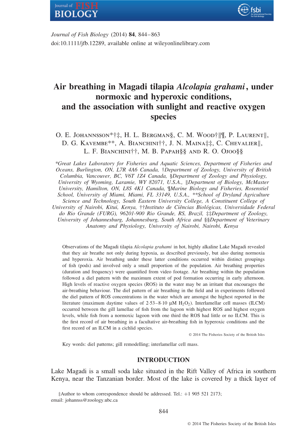 Air Breathing in Magadi Tilapia Alcolapia Grahami, Under Normoxic and Hyperoxic Conditions, and the Association with Sunlight and Reactive Oxygen Species