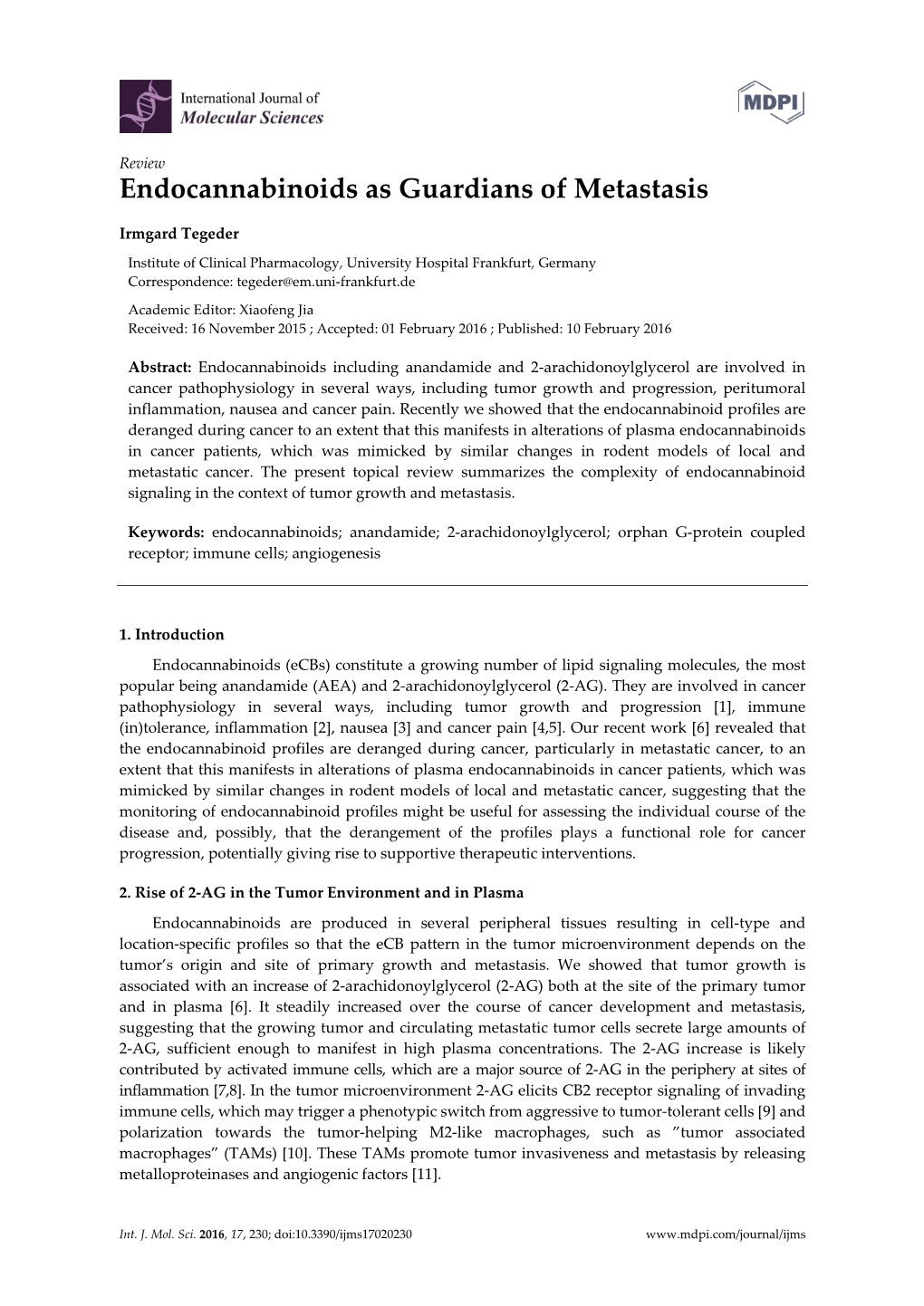 Endocannabinoids As Guardians of Metastasis