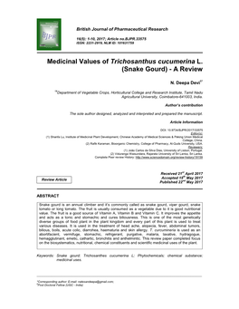 Medicinal Values of Trichosanthus Cucumerina L. (Snake Gourd) - a Review