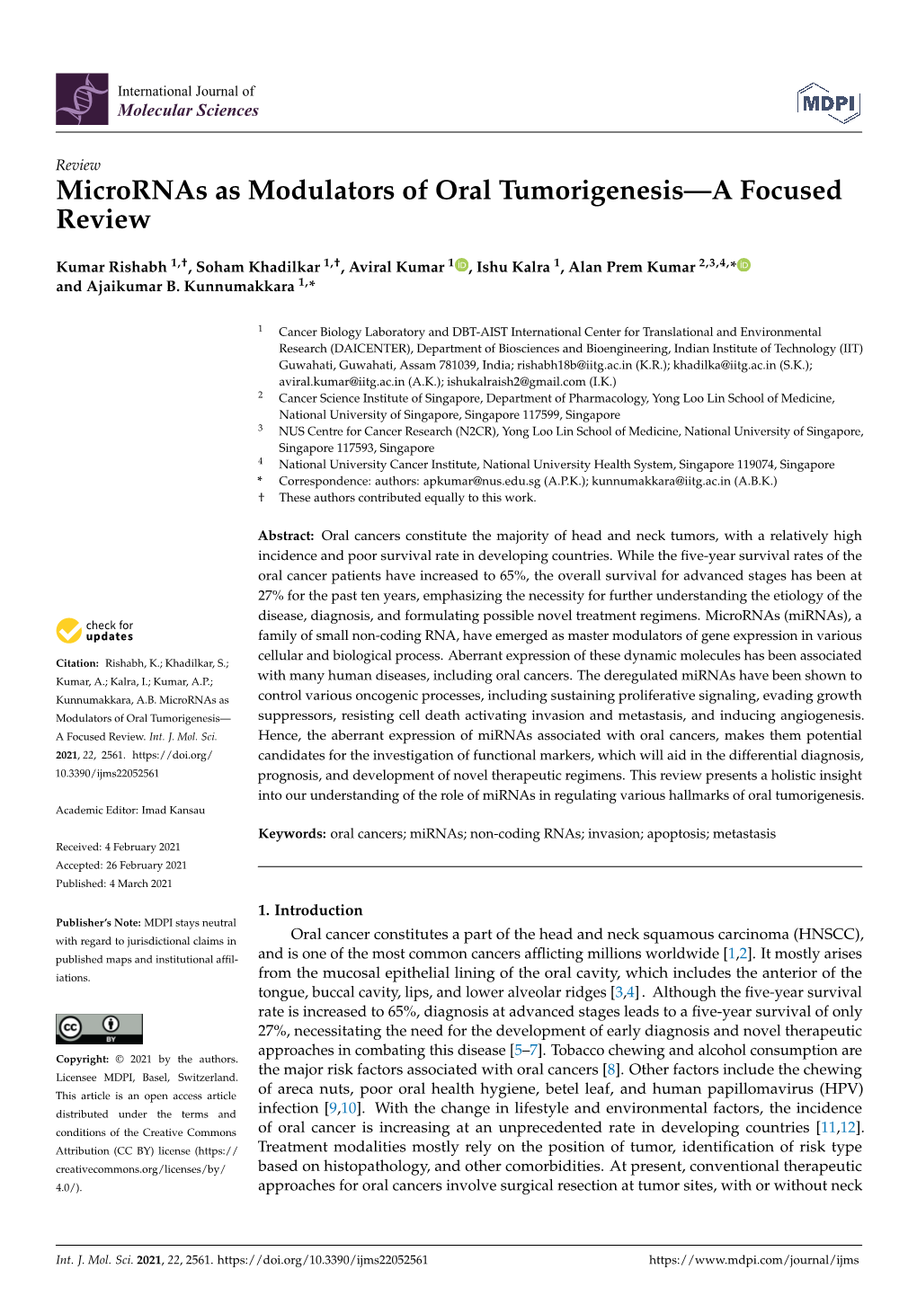 Micrornas As Modulators of Oral Tumorigenesis—A Focused Review