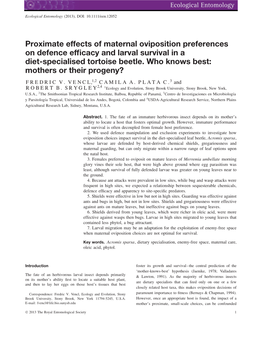 Proximate Effects of Maternal Oviposition Preferences on Defence Efﬁcacy and Larval Survival in a Diet-Specialised Tortoise Beetle