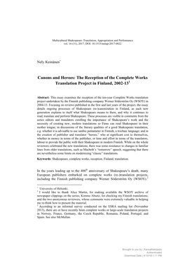 The Reception of the Complete Works Translation Project in Finland, 2002-131