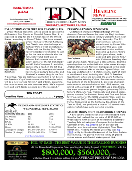HEADLINE NEWS for Information About TDN, DELIVERED EACH NIGHT by FAX and FREE by E-MAIL to SUBSCRIBERS of Call 732-747-8060