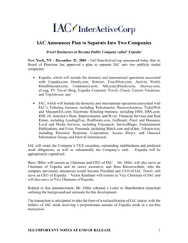IAC Announces Plan to Separate Into Two Companies