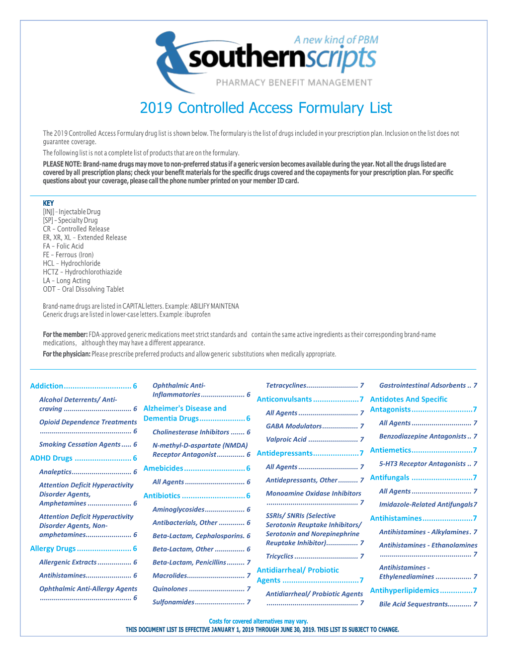 2019 Controlled Access Formulary List