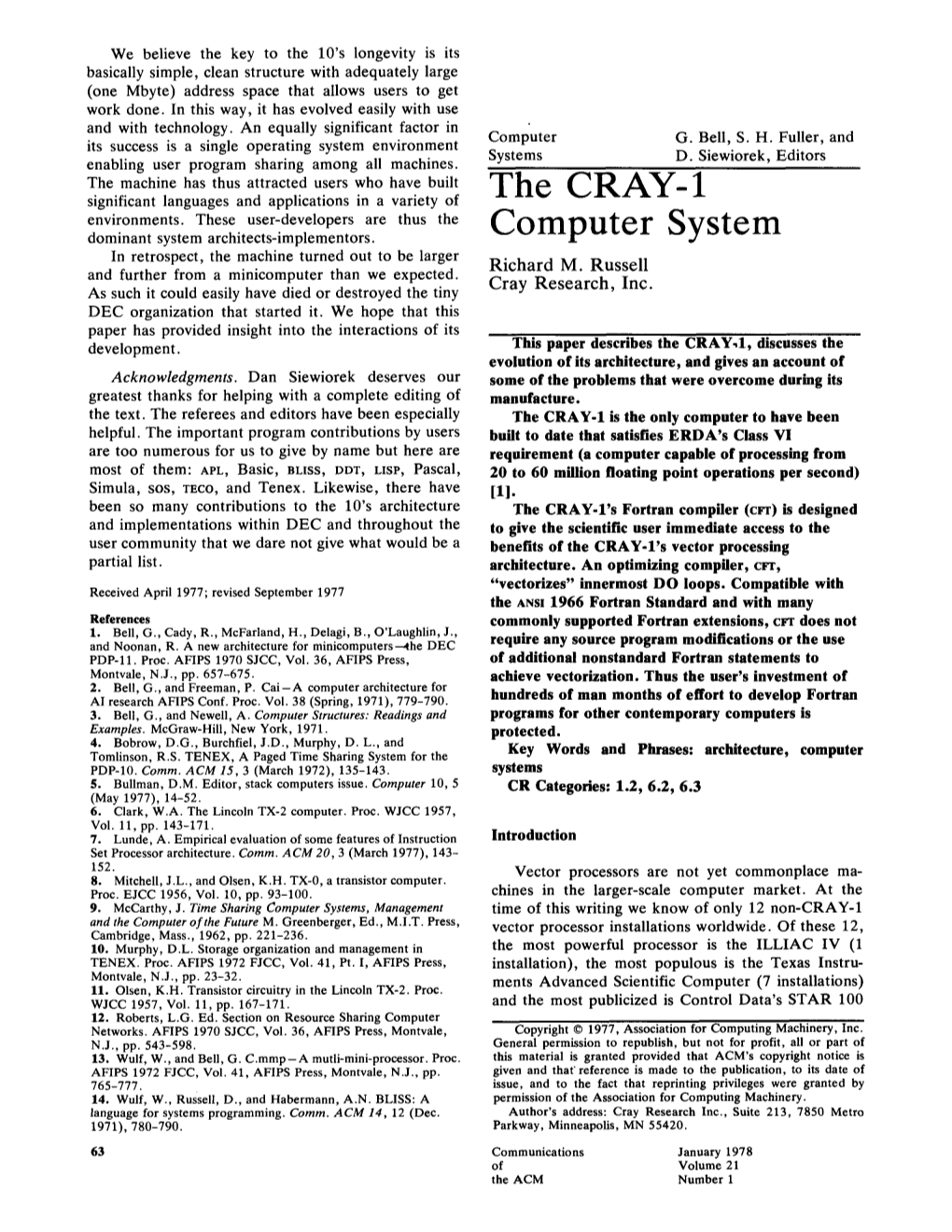 The CRAY- 1 Computer System