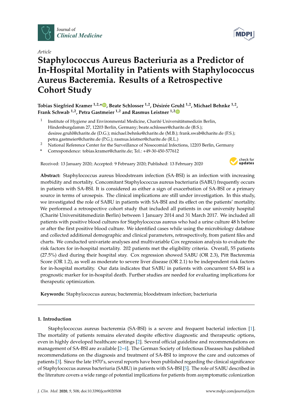 Staphylococcus Aureus Bacteriuria As a Predictor of In-Hospital Mortality in Patients with Staphylococcus Aureus Bacteremia