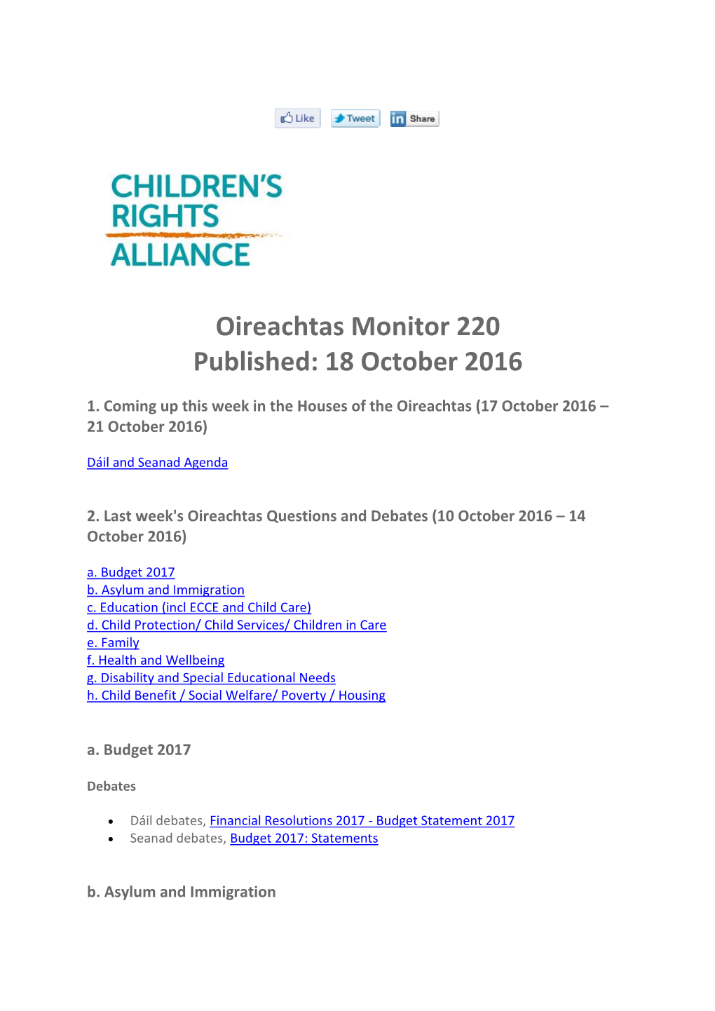 Oireachtas Monitor 220 Published: 18 October 2016