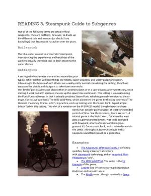 READING 3: Steampunk Guide to Subgenres