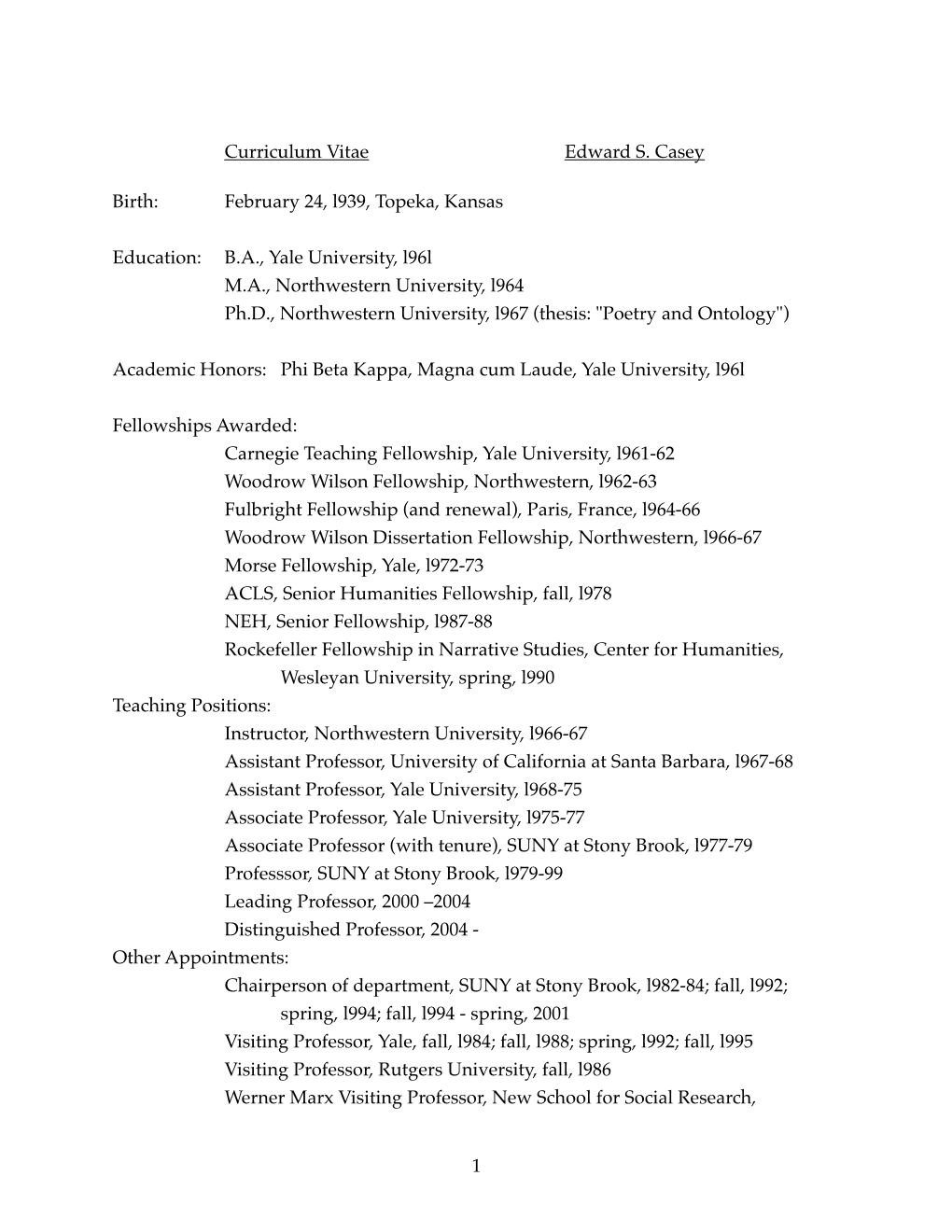 Curriculum Vitae Edward S. Casey Birth