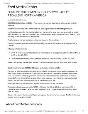 Ford Media Center Ford Media Center FORD MOTOR COMPANY ISSUES TWO SAFETY RECALLS in NORTH AMERICA