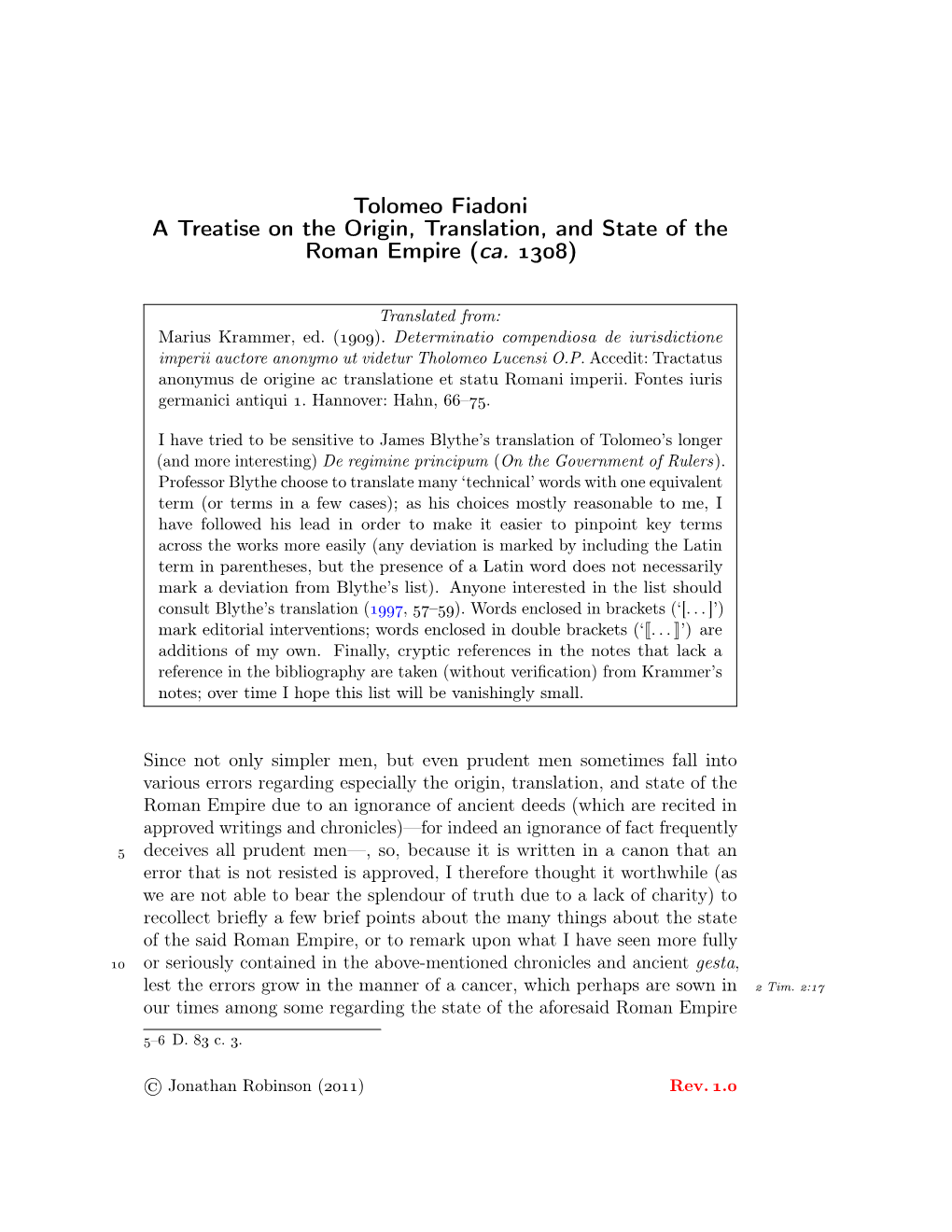 A Treatise on the Origin, Translation, and State of the Roman Empire (Ca