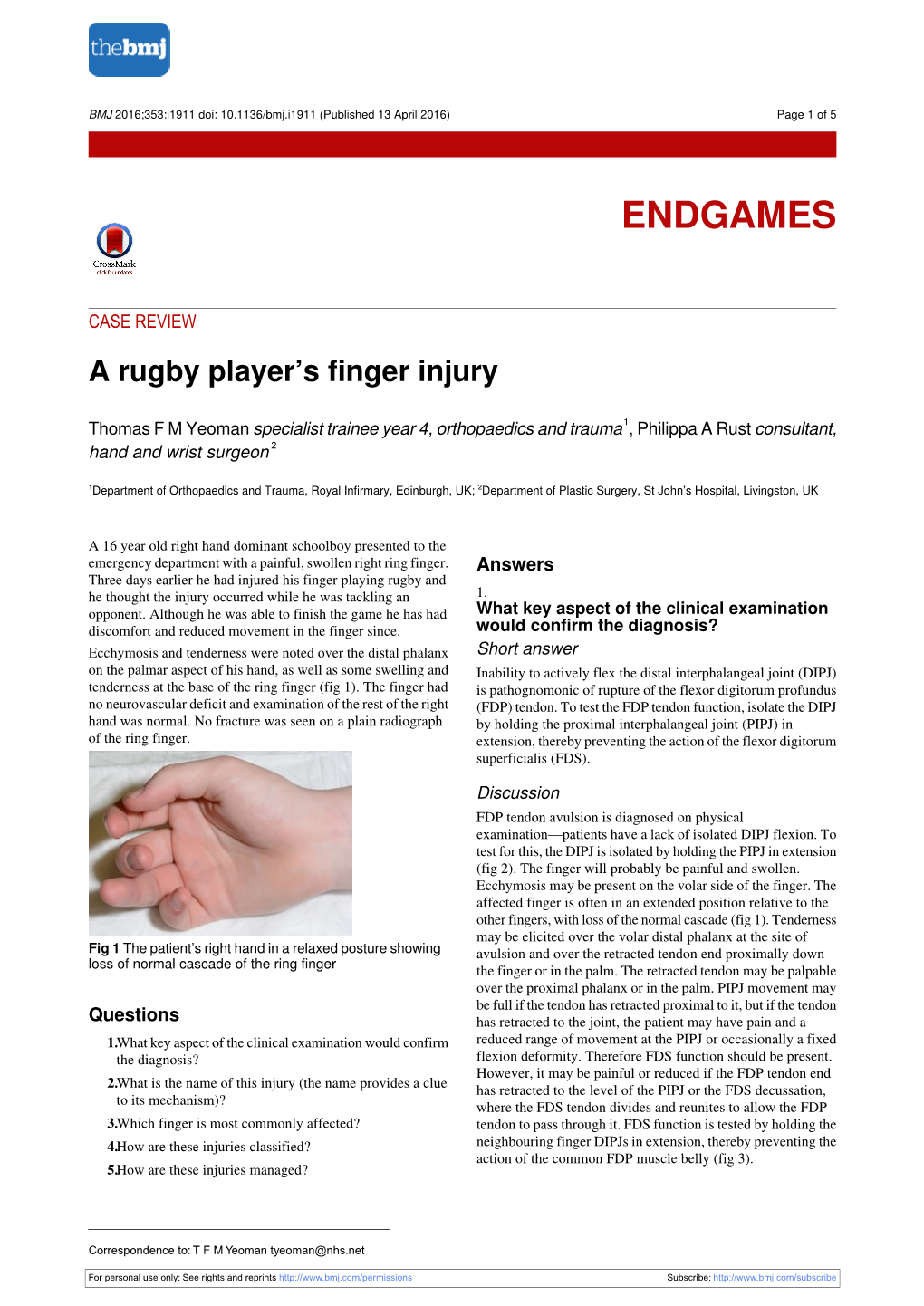 A Rugby Player's Finger Injury