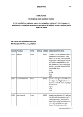 CORK COUNTY COUNCIL PLANNING APPLICATIONS FURTHER INFORMATION RECEIVED from 20/04/2019 to 26/04/2019 That It Is the Responsibili