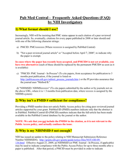 Pub Med Central - Frequently Asked Questions (FAQ) by NIH Investigators