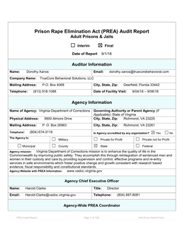 Prison Rape Elimination Act (PREA) Audit Report Adult Prisons & Jails