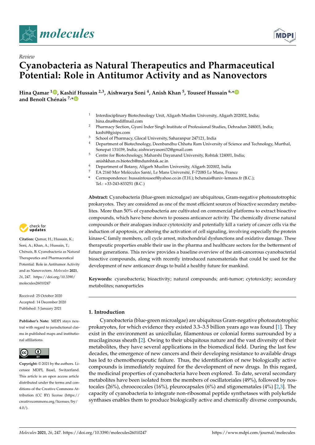 Cyanobacteria As Natural Therapeutics and Pharmaceutical Potential: Role in Antitumor Activity and As Nanovectors