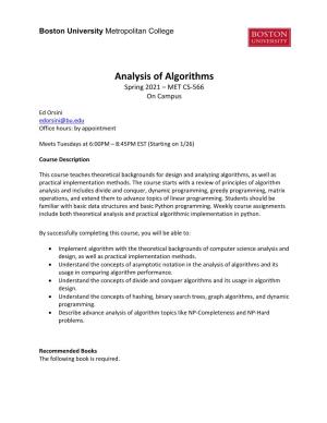 Analysis of Algorithms Spring 2021 – MET CS-566 on Campus
