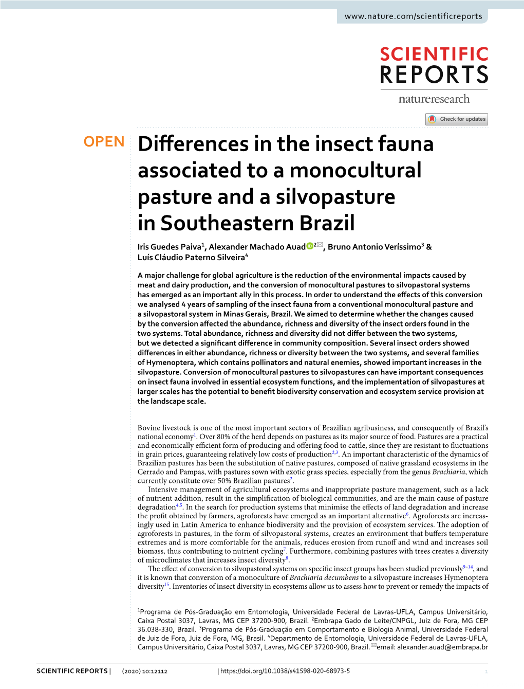 Differences in the Insect Fauna Associated to a Monocultural Pasture and a Silvopasture in Southeastern Brazil