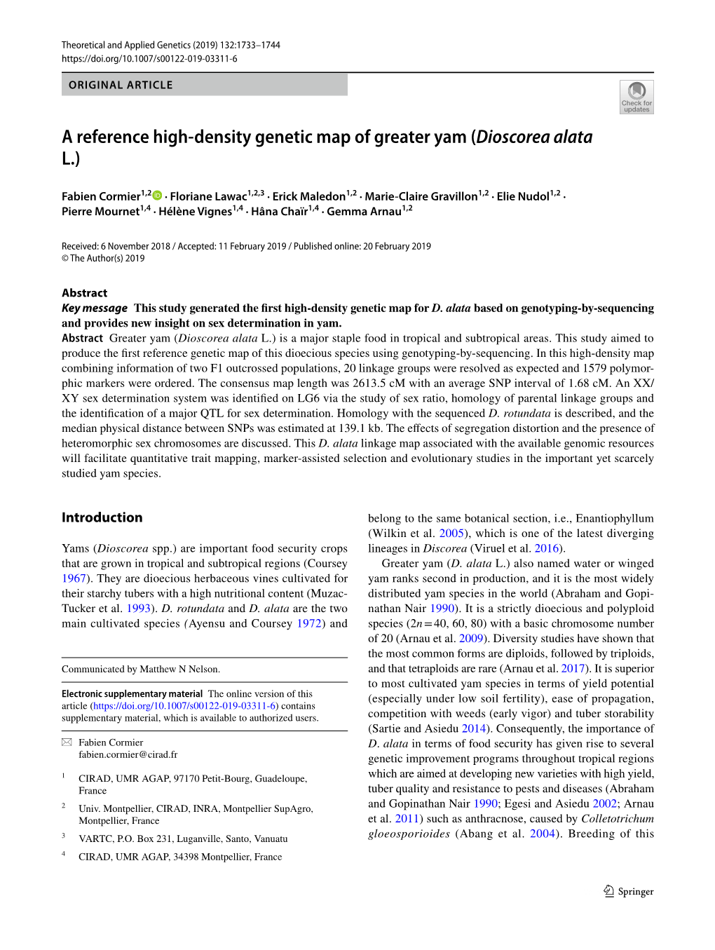 A Reference High-Density Genetic Map of Greater Yam (Dioscorea Alata