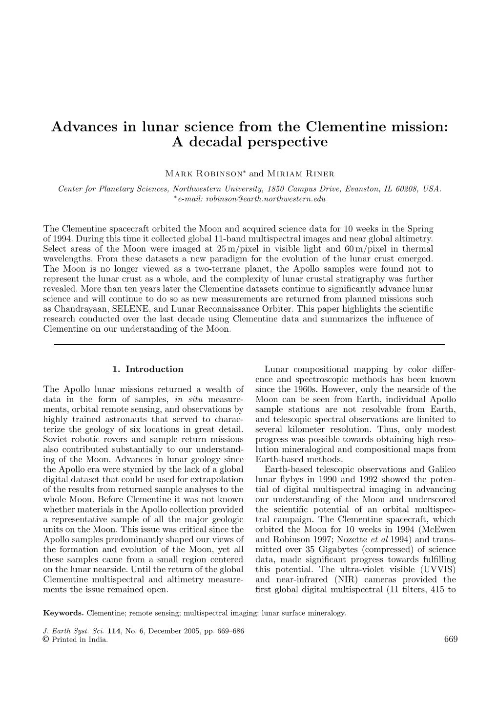 Advances in Lunar Science from the Clementine Mission: a Decadal Perspective